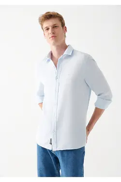 پیراهن یقه برگردان آستین بلند مردانه ماوی ۰۲۱۰۳۳۰-۷۰۸۰۴-آبی