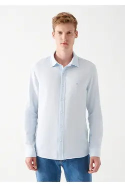 پیراهن یقه برگردان آستین بلند مردانه ماوی ۰۲۱۰۳۳۰-۷۰۸۰۴-آبی