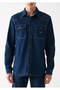 پیراهن اورسایز آستین بلند ساده مردانه ماوی ۰۲۱۵۲۱-۸۲۱۰۳