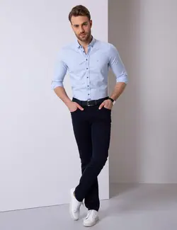 شلوار کتان جذب مردانه سرمه ای پیرکاردین