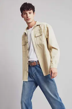 پیراهن جین آستین بلند مردانه بژ دفاکتو