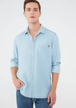 پیراهن آستین بلند جیب دار مردانه ماوی