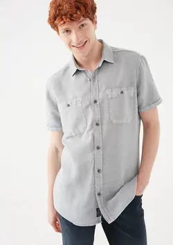 پیراهن آستین کوتاه جیب دار مردانه ماوی