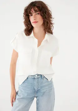 شومیز نخی آستین کوتاه زنانه ماوی