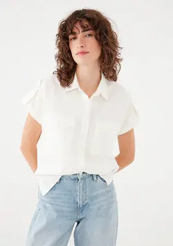 شومیز نخی آستین کوتاه زنانه ماوی