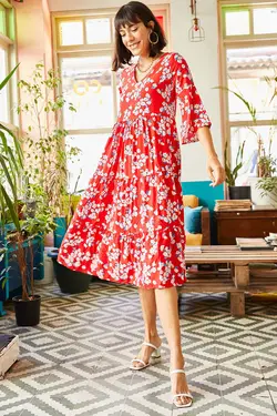 پیراهن میدی گلدار یقه هفت زنانه اولالوک