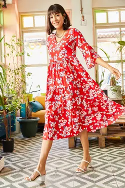 پیراهن میدی گلدار یقه هفت زنانه اولالوک