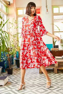 پیراهن میدی گلدار یقه هفت زنانه اولالوک