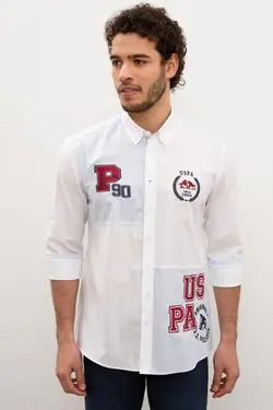 پیراهن نخی آستین بلند نوشته دار مردانه یو اس پولو