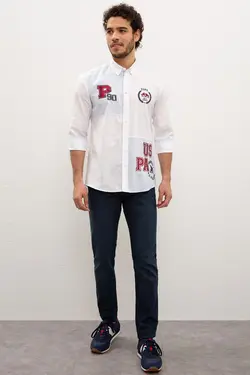 پیراهن نخی آستین بلند نوشته دار مردانه یو اس پولو