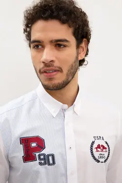 پیراهن نخی آستین بلند نوشته دار مردانه یو اس پولو