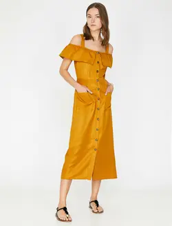 پیراهن میدی یقه باز جلو دکمه دار زنانه کوتون