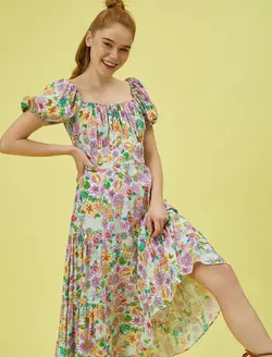 پیراهن میدی گلدار یقه آجری زنانه کوتون