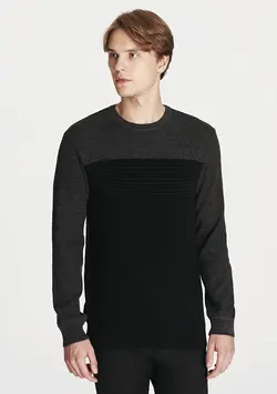 پلیور نخی یقه گرد مردانه ماوی