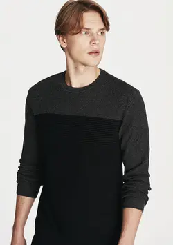 پلیور نخی یقه گرد مردانه ماوی