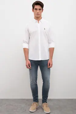 پیراهن آستین بلند یقه برگردان نخی مردانه یو اس پولو
