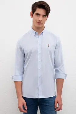 پیراهن آستین بلند ساده نخی مردانه یو اس پولو