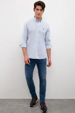 پیراهن آستین بلند ساده نخی مردانه یو اس پولو
