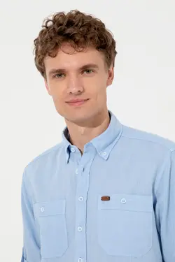 پیراهن مردانه آستین تاشو ساده بدون جیب راحت آبی یو اس پولو