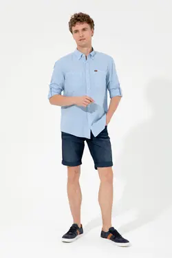 پیراهن مردانه آستین تاشو ساده بدون جیب راحت آبی یو اس پولو