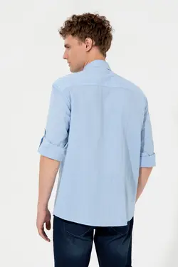 پیراهن مردانه آستین تاشو ساده بدون جیب راحت آبی یو اس پولو