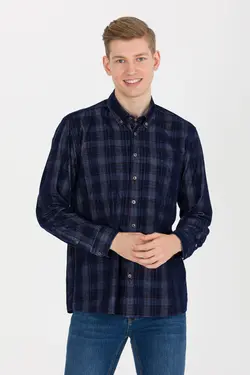 پیراهن مردانه آستین بلند طرحدار جیبدار راحت سرمه ای یو اس پولو