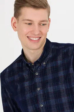 پیراهن مردانه آستین بلند طرحدار جیبدار راحت سرمه ای یو اس پولو