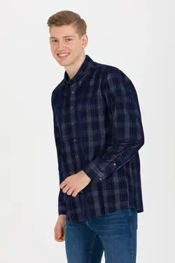 پیراهن مردانه آستین بلند طرحدار جیبدار راحت سرمه ای یو اس پولو