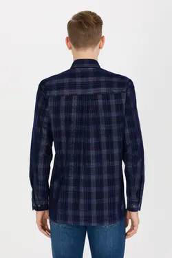 پیراهن مردانه آستین بلند طرحدار جیبدار راحت سرمه ای یو اس پولو