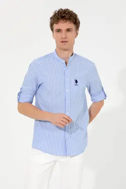 پیراهن مردانه آستین تاشو جیبدار طرحدار معمولی آبی یو اس پولو