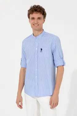 پیراهن مردانه آستین تاشو جیبدار طرحدار معمولی آبی یو اس پولو