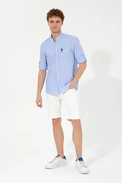 پیراهن مردانه آستین تاشو جیبدار طرحدار معمولی آبی یو اس پولو