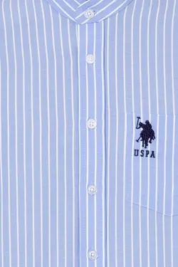 پیراهن مردانه آستین تاشو جیبدار طرحدار معمولی آبی یو اس پولو