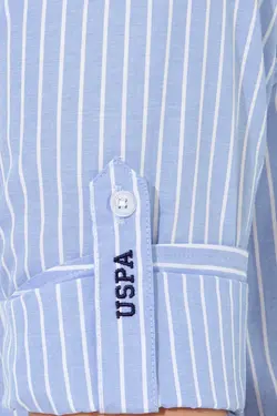 پیراهن مردانه آستین تاشو جیبدار طرحدار معمولی آبی یو اس پولو