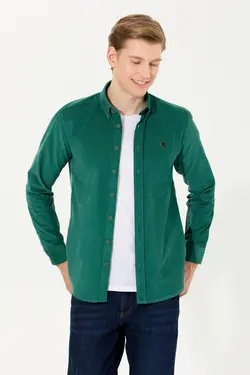 پیراهن مردانه آستین بلند بدون جیب طرحدار معمولی سبز یو اس پولو