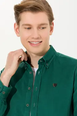 پیراهن مردانه آستین بلند بدون جیب طرحدار معمولی سبز یو اس پولو