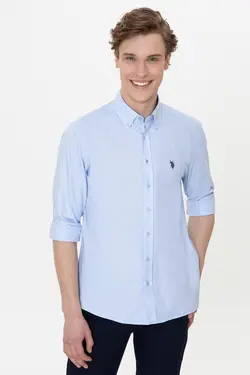پیراهن مردانه آستین بلند ساده بدون جیب معمولی آبی روشن یو اس پولو