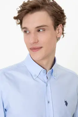 پیراهن مردانه آستین بلند ساده بدون جیب معمولی آبی روشن یو اس پولو