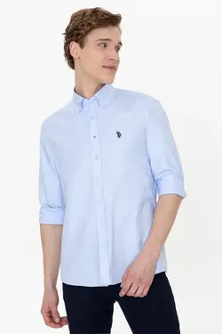 پیراهن مردانه آستین بلند ساده بدون جیب معمولی آبی روشن یو اس پولو