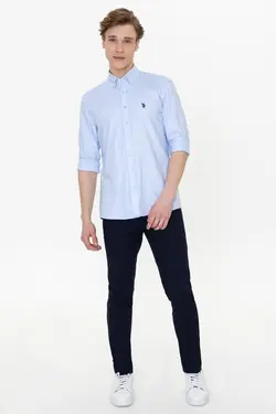 پیراهن مردانه آستین بلند ساده بدون جیب معمولی آبی روشن یو اس پولو