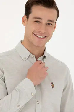 پیراهن مردانه آستین بلند ساده اسلیم فیت بژ یو اس پولو