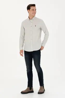 پیراهن مردانه آستین بلند ساده اسلیم فیت بژ یو اس پولو