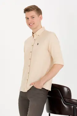 پیراهن مردانه آستین بلند ساده اسلیم فیت شتری یو اس پولو