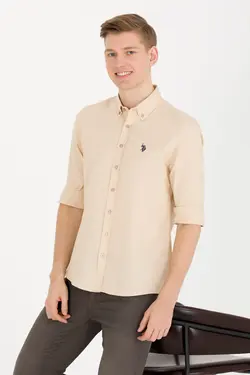 پیراهن مردانه آستین بلند ساده اسلیم فیت شتری یو اس پولو