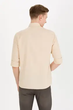 پیراهن مردانه آستین بلند ساده اسلیم فیت شتری یو اس پولو