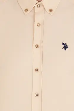 پیراهن مردانه آستین بلند ساده اسلیم فیت شتری یو اس پولو