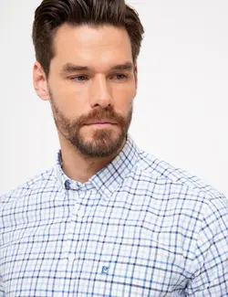 پیراهن آستین کوتاه مردانه چهارخانه جیبدار آبی پیرکاردین