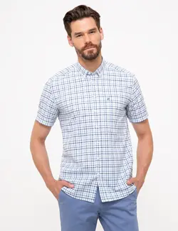 پیراهن آستین کوتاه مردانه چهارخانه جیبدار آبی پیرکاردین