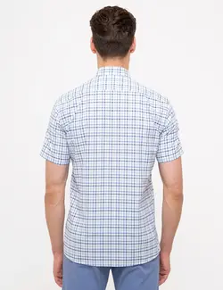 پیراهن آستین کوتاه مردانه چهارخانه جیبدار آبی پیرکاردین