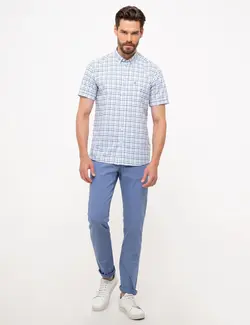 پیراهن آستین کوتاه مردانه چهارخانه جیبدار آبی پیرکاردین